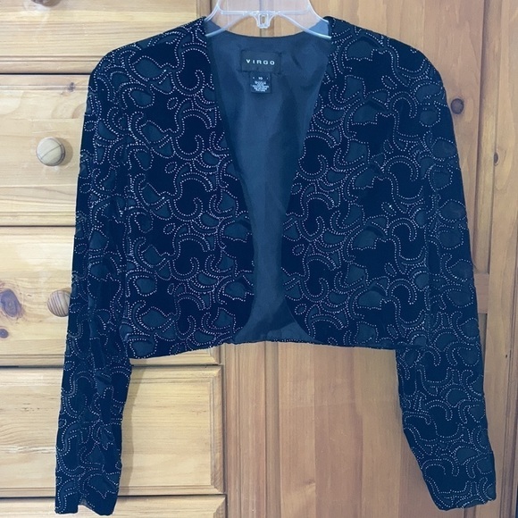 Virgo | Black Velvet Formal Mini Dress Cropped Sparkle Jacket 10 - Picture 4 of 9